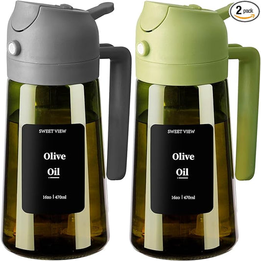 SWEET VIEW 2PCS Olive Oil Dispenser and Oil Sprayer – 16oz/470ml Glass Light-Proof Oil Pourer for Kitchen Air Fryer, Cooking, Salad, and BBQ, with Stickers by SWEETVIEW