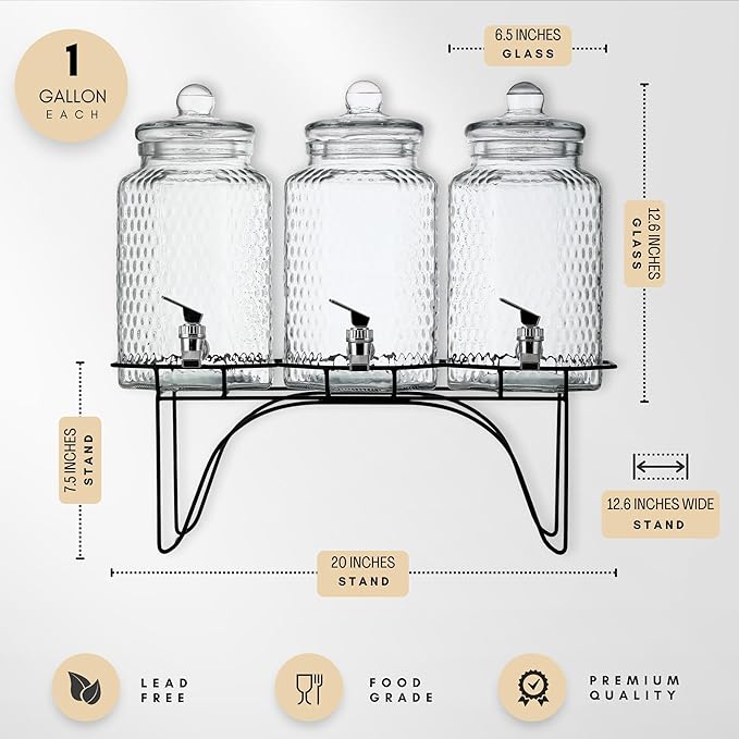 MosJos Drink Dispenser Set of 3 - Beverage Dispenser with Stand - Glass Drink Dispensers for Lemonade, Juice, Water, Iced Tea, Punch - 1-Gallon Countertop Party Drink Dispensers - Image 2