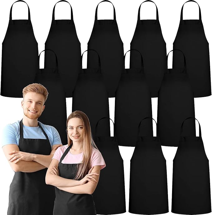 GREEN LIFESTYLE 12 Pack Bib Apron - Unisex Black Aprons, Machine Washable Aprons for Men and Women, Kitchen Cooking BBQ Bulk (Pack of 12, No Pockets, Black) - Image 8
