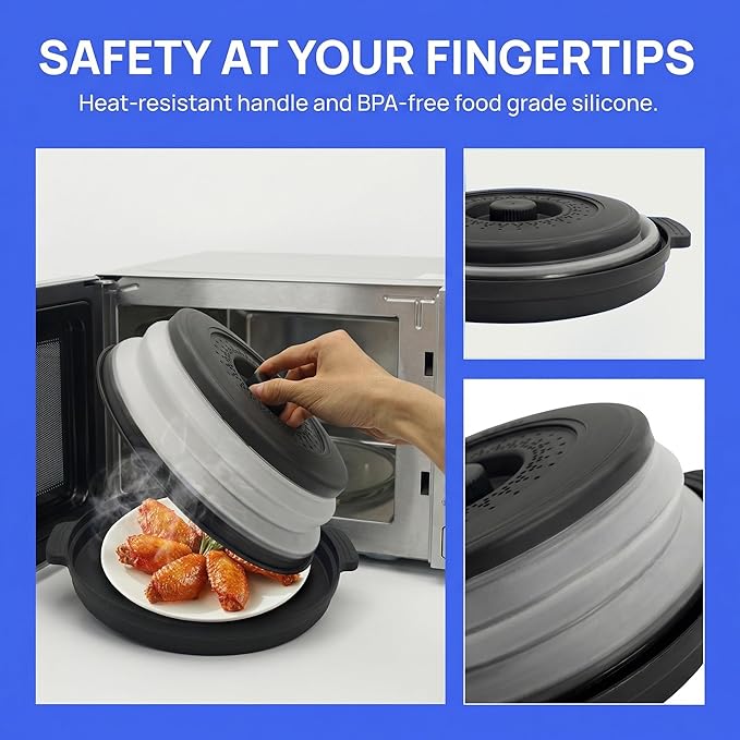 Microwave Food Cover With Handle - Collapsible And Vented Silicone Splash Guard With Tray - For Microwave Food Heating-Splash Guard Can Be Used As a Draining Basket For Washing Vegetables (Black)