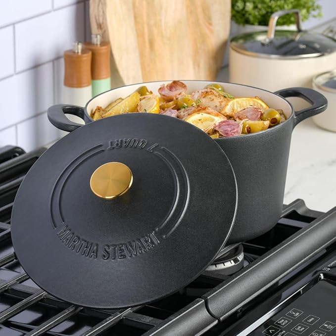 MARTHA STEWART Gatwick 7-Quart Enamel Cast Iron Dutch Oven Pot with Lid – Matte Black – Durable Heavy-Duty Dutch Oven for Slow Cooking, Braising & Baking - Image 2