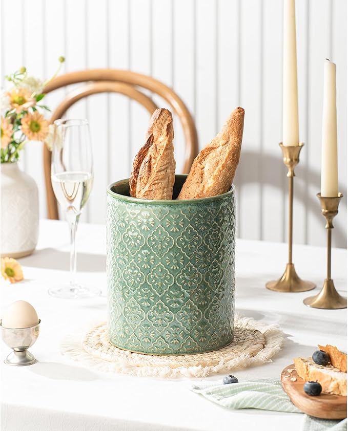 Kitchen Utensil Holder, 6x7 inch Large Ceramic Utensil Holder with Embossed Pattern, Cooking Utensil Crocks for Kitchen Countertop, Home Decor, Forest Green - Image 4