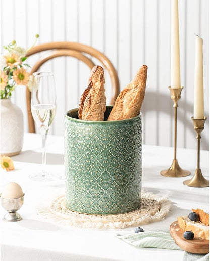 Kitchen Utensil Holder, 6x7 inch Large Ceramic Utensil Holder with Embossed Pattern, Cooking Utensil Crocks for Kitchen Countertop, Home Decor, Forest Green - Image 4