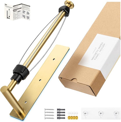 INMAKER Magnetic Paper Towel Holder, Strong Magnet Paper Towel Holder for Fridge, Kitchen, RV, Garage, Grill with Self Adhesive Wall Mount and Screws, One Hand Tear with Adjustable Damping (Gold)