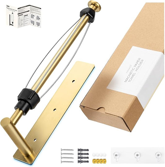 INMAKER Magnetic Paper Towel Holder, Strong Magnet Paper Towel Holder for Fridge, Kitchen, RV, Garage, Grill with Self Adhesive Wall Mount and Screws, One Hand Tear with Adjustable Damping (Gold)