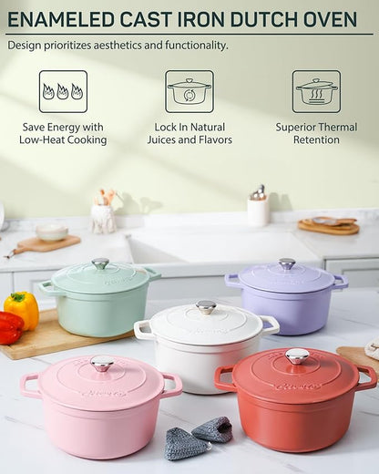 Ciwete Enameled Cast Iron Dutch Oven – 4.4 Quart Pot with Lid & Potholders – Heavy-Duty Cookware for Bread Baking, Braising, Stews & Roasting – Oven & Stovetop Safe up to 500°F – Mint Green