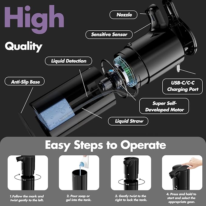 YIKHOM Automatic Liquid Soap Dispenser, Dish Soap Dispenser 8 Volume Control Adjustable, 15.37 oz/450mL Touchless Sanitizer Dispenser, Motion Sensor Soap Pump for Kitchen Bathroom, USB C Rechargeable - Image 3