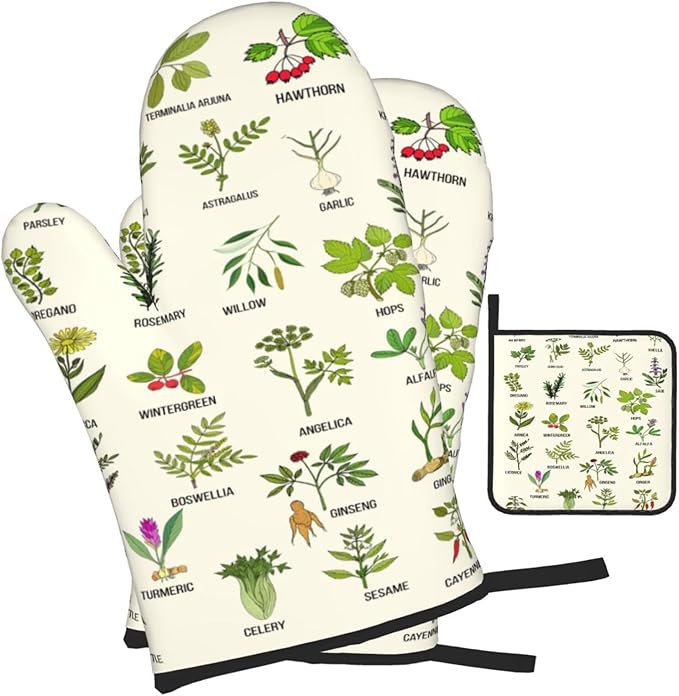 Cute Herbs Botanic Garden Plants Oven Mitts and Pot Holders Sets Heat Resistant for Kitchen BBQ Microwave Baking Grilling Cooks Set of 3 Kitchen Oven Glove - Image 2