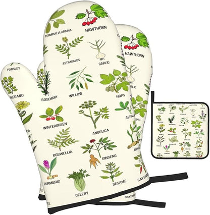 Cute Herbs Botanic Garden Plants Oven Mitts and Pot Holders Sets Heat Resistant for Kitchen BBQ Microwave Baking Grilling Cooks Set of 3 Kitchen Oven Glove - Image 2