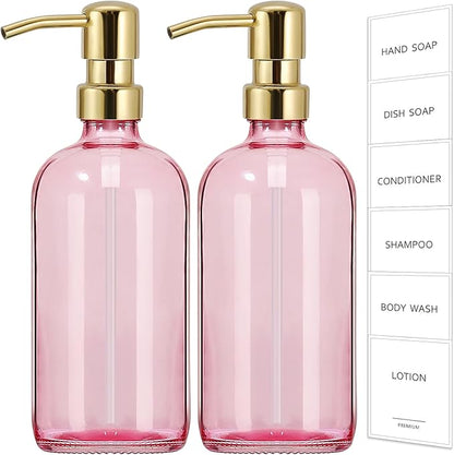 GMISUN Pink Soap Dispenser Bathroom, 2 Pack Kitchen Hand and Dish Soap Dispensers Set, 17 Fl Oz Pink Glass Soap Dispenser with Gold Pump, Refillable Modern Farmhouse Liquid Soap Pump Bottles by GMISUN