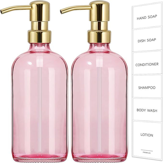 GMISUN Pink Soap Dispenser Bathroom, 2 Pack Kitchen Hand and Dish Soap Dispensers Set, 17 Fl Oz Pink Glass Soap Dispenser with Gold Pump, Refillable Modern Farmhouse Liquid Soap Pump Bottles by GMISUN