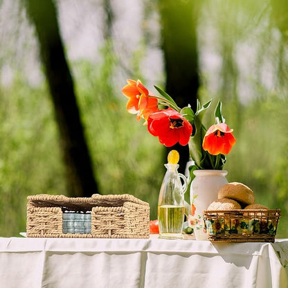 Threehoney Woven Paper Rope Napkin Holder with Lid for Outdoor Picnic Table, Flat Square Napkin Basket for Dinner Kitchen Camping Farmhouse, 7 x 7 Inch