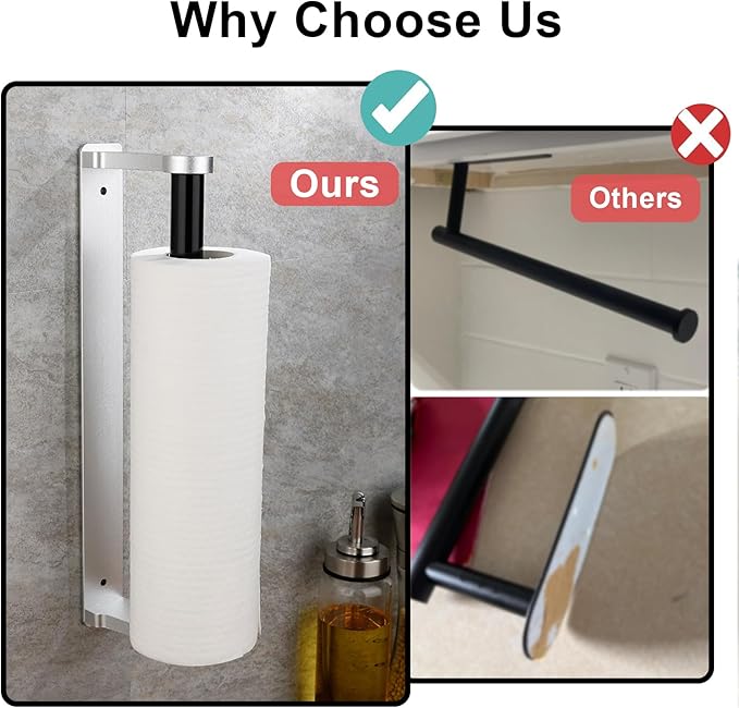 MONEER Paper Towel Holder Under Cabinet, Paper Towel Holder, Aluminum Alloy Kitchen Towel Holders, Self Adhesive Kitchen Roll Holder for Kitchen, Bathroom, Living Room (Silver) - Image 7
