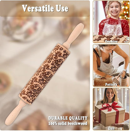 Floral Vine Embossed Rolling Pins for Cookies, Wooden Engraved Rolling Pins for Baking, Embossing Rolling Pins with Designs, Patterned Rolling Pin Decorative Springerle Mold Stamp Clay Pattern Roller