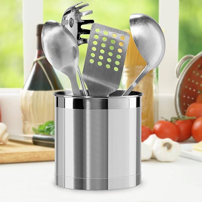 Oggi Stainless Steel Jumbo Utensil Holder - 7" Utensil Caddy, Weighted Base for Stability - Extra Large Utensil Crock and Countertop Utensil Organizer, Stainless Steel - Image 4