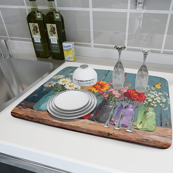 Dish Drying Mat for Kitchen Counter 18x24, Spring Summer Floral Decorative Absorbent Reversible Microfiber Kitchen Countertop Protector Dishes Drainer Pad - Image 6