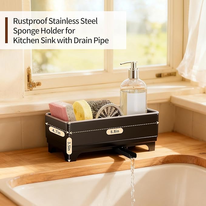 MOUKABAL Sponge Holder for Kitchen Sink – Rustproof Stainless Steel, 360° Rotating Drain Pipe, Large Counter Organizer with Drip Tray for Sponges, Brushes & Dish Cloths Black - Image 2