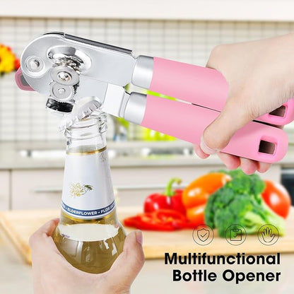 Beneno Heavy Duty Hand Can Opener Manual with Magnet, Durable Sharp Carbon Steel Blade Smooth Cutting, Big Effort-Saving Knob & Soft Grip Handle, Multifunctional Kitchen Tool with Bottle Opener, Pink - Image 5