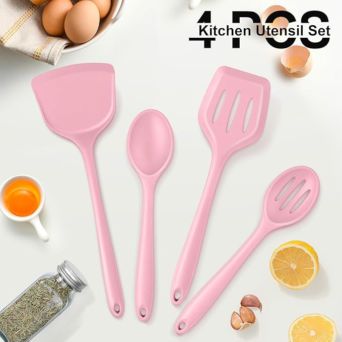 P&P CHEF Kitchen Utensil Set, 4 Pieces Non-stick Silicone Cooking Utensils, Heat-resistant Slotted Solid Spoon Turner for Frying, Mixing, Serving, Non-toxic & Easy to Clean, Pink - Image 6