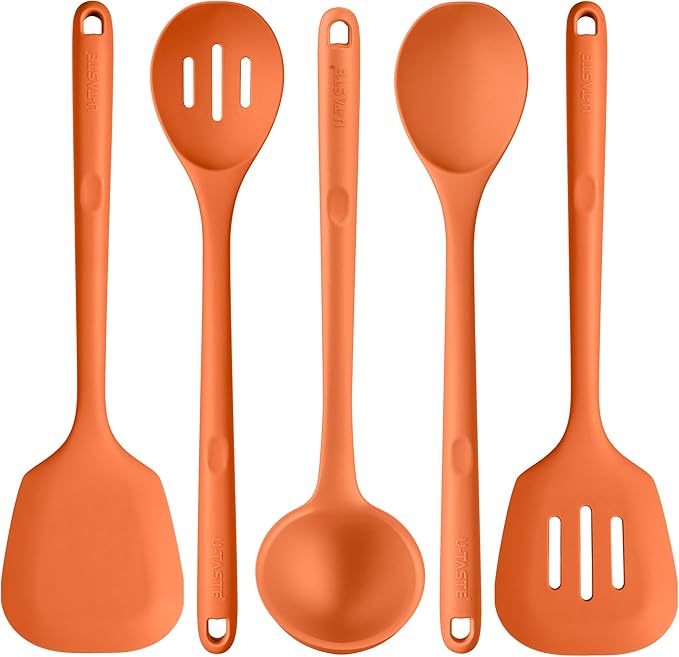 Silicone Kitchen Cooking Utensil Set: U-Taste 600ºF Heat Resistant 13.6in Extra Long Kitchen Tools, Food-Grade Non-Stick Spatula Turner Spoon Ladle for Stir Frying, Serving, Mixing (5 Pieces, Orange) by U-Taste