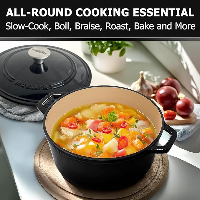 MUELLER HOME 4.5 QT Enameled Cast Iron Dutch Oven, Heavy-Duty Casserole Dish and Braiser Pan with Lid and Stainless Knob, Oven-Safe up to 500° F & Across All Cooktops, Black - Image 6