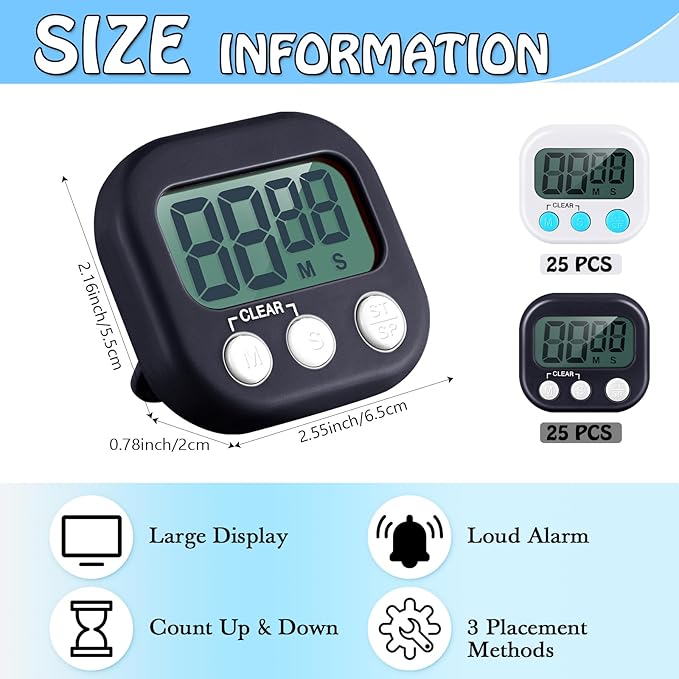 Xuhal 50 Pieces Digital Kitchen Timer Bulk, Small Magnetic Timers for Classroom, Digits Stopwatch Clock Timer for Cooking Baking Sports Games Office, Not Including Battery (Black,White) - Image 2