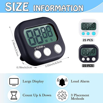 Xuhal 50 Pieces Digital Kitchen Timer Bulk, Small Magnetic Timers for Classroom, Digits Stopwatch Clock Timer for Cooking Baking Sports Games Office, Not Including Battery (Black,White) - Image 2
