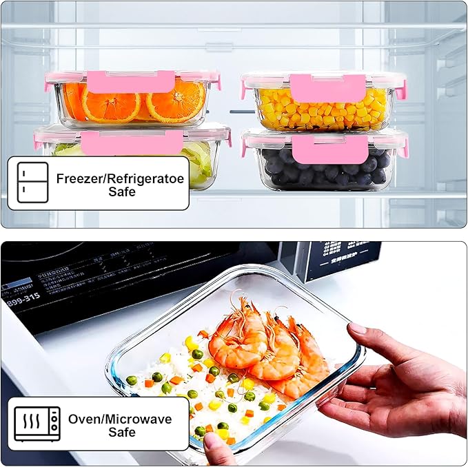VERONES 10Pack Glass Meal Prep Containers, Airtight Glass Lunch Containers,Stackable Food Storage Containers Set with Lids,Exclusive of BPA, for Microwave,Oven, Freezer&Dishwasher Friendly,Pink - Image 4