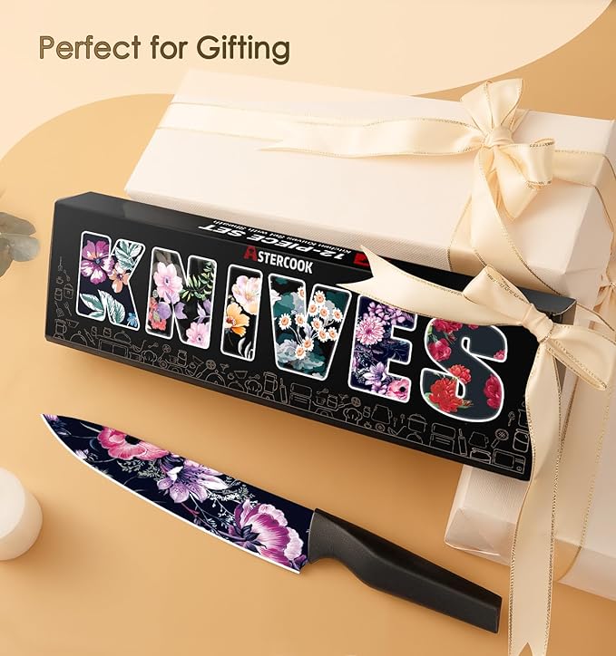 Astercook Knife Set, 12-Piece Flower Kitchen Knives Sets with Blade Guards, Dishwasher Safe, German High Carbon Stainless Steel, Perfect Gifts for Kitchen - Image 6