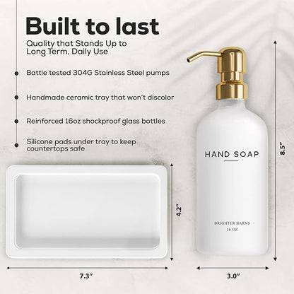 Luxury Glass Soap and Lotion Dispenser Set with Tray by Brighter Barns - Hand Soap Dispenser Bathroom Set & Stainless Steel Pump for Home or Airbnb - White and Gold Bathroom Accessories & Decor (Gold) - Image 3