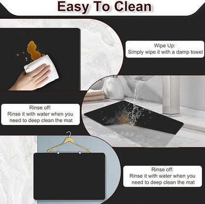 Dish Drying Mat for Kitchen Counter, 12" x 20" Coffee Bar Mat for Espresso Machine, Super Absorbent & Stain-Resistant Countertop Protector, Non-Slip Rubber Back Drying Pad for Coffee Maker, Black