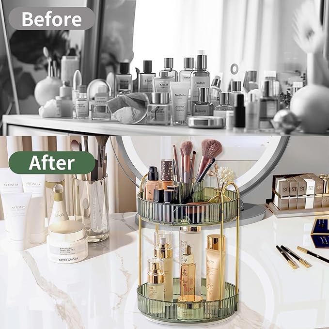 Asayuee 360 Rotating Makeup Organizer,2 Tier Large Capacity Make Up Organizers and Storage,Skincare Perfume Vanity Organizers,Bathroom Cosmetics Storage Organizer Countertop (Green) - Image 4