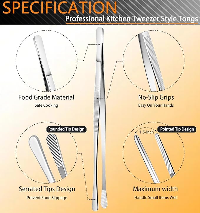 JETKONG 6 Pcs Cooking Tweezer Tongs, 12'' and 6.3" Stainless Steel Kitchen Tweezer Set, Professional Chef Tweezers for Cooking, Repairing, Sea Food, BBQ, Multi-use - Image 2