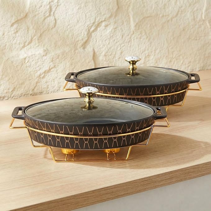 12" x 8" Ceramic Oval Casserole Dish with Glass Lid and rack, 1.7 Quart Serving Soup Tureen,Chafing Dish for Buffet, Family Food preserve Tray, Catering Casserole for Party Style, Black