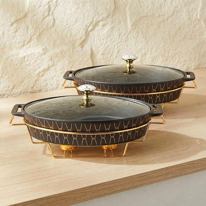 12" x 8" Ceramic Oval Casserole Dish with Glass Lid and rack, 1.7 Quart Serving Soup Tureen,Chafing Dish for Buffet, Family Food preserve Tray, Catering Casserole for Party Style, Black