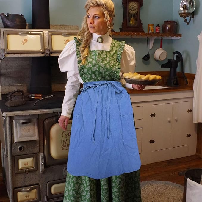 Cotton Linen Half Apron for Women Vintage Waist Apron Ruffle Plain Bright Color for Cooking Painting Artwork