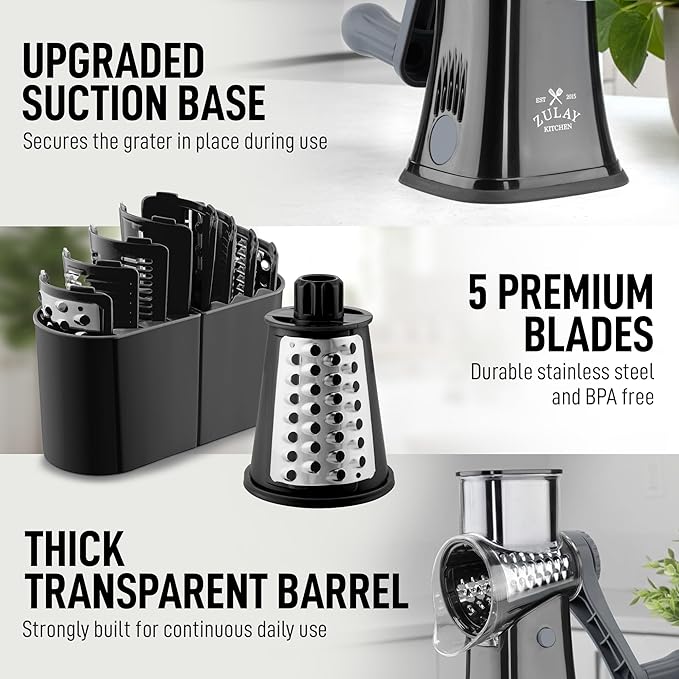 Zulay Kitchen Rotary Cheese Grater 5 Blade Cheese Shredder - Manual Hand Crank Cheese Grater With Reinforced Suction & 5 Interchangeable Drums - Easy to Use, Vegetable Chopper Round Mandoline Slicer - Image 7