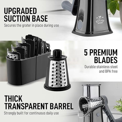 Zulay Kitchen Rotary Cheese Grater 5 Blade Cheese Shredder - Manual Hand Crank Cheese Grater With Reinforced Suction & 5 Interchangeable Drums - Easy to Use, Vegetable Chopper Round Mandoline Slicer - Image 7