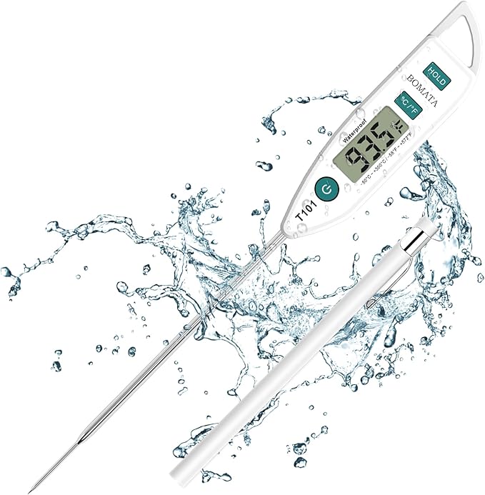 BOMATA Waterproof IPX7 Thermometer for Water, Liquid, Candle and Cooking. Instant Read Food Thermometer with Long Probe for Cooking, Meat, BBQ! T101 White by BOMATA