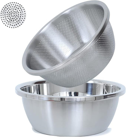 304 Stainless Steel Microporous Colander, 5QT Large Capacity with Mixing Bowl For washing vegetables, fruit and rice and for draining cooked pasta(2PC) by Paoli