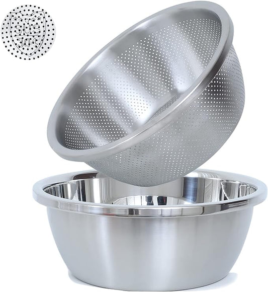 304 Stainless Steel Microporous Colander, 3.5QT Large Capacity with Mixing Bowl For washing vegetables fruit and rice and for draining cooked pasta(2PC) by Paoli