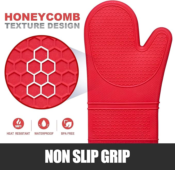 Rorecay 6pcs Oven Mitts and Pot Holders Sets for Kitchen, Extra Long Silicone Oven Gloves Heat Resistant 500 Degrees Non-Slip Potholders Hot Pads for Baking Cooking, Quilted Liner, Red - Image 3