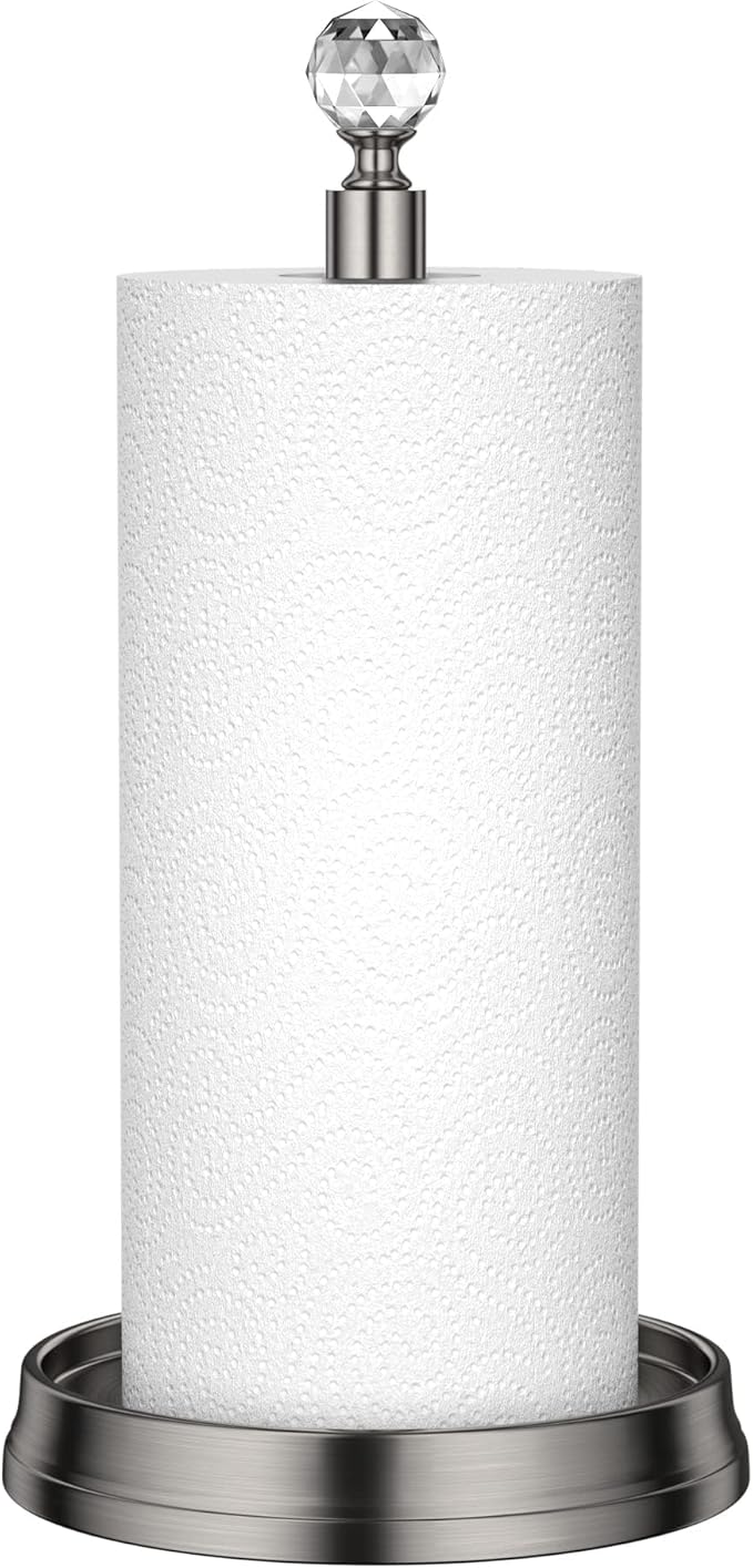 KASUNTO Paper Towel Holder with Crystal Ball - Steel Countertop Stand, Fits Standard & Jumbo Rolls, Brushed Nickel by Kasunto