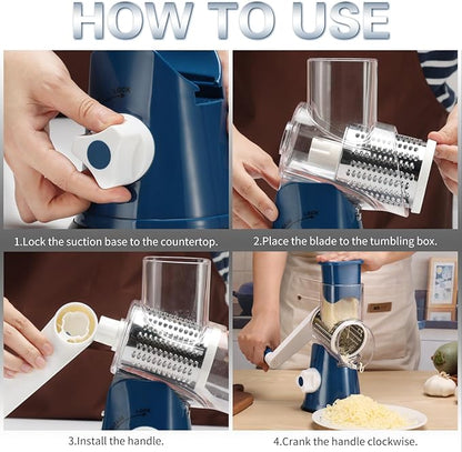 Cambom Rotary Cheese Grater Hand Crank Cheese Shredder for Fresh Cheese, Vegetable, Nuts,Non-slip Suction Base, Free Cleaning Brush Three Blades,Deep Blue - Image 6