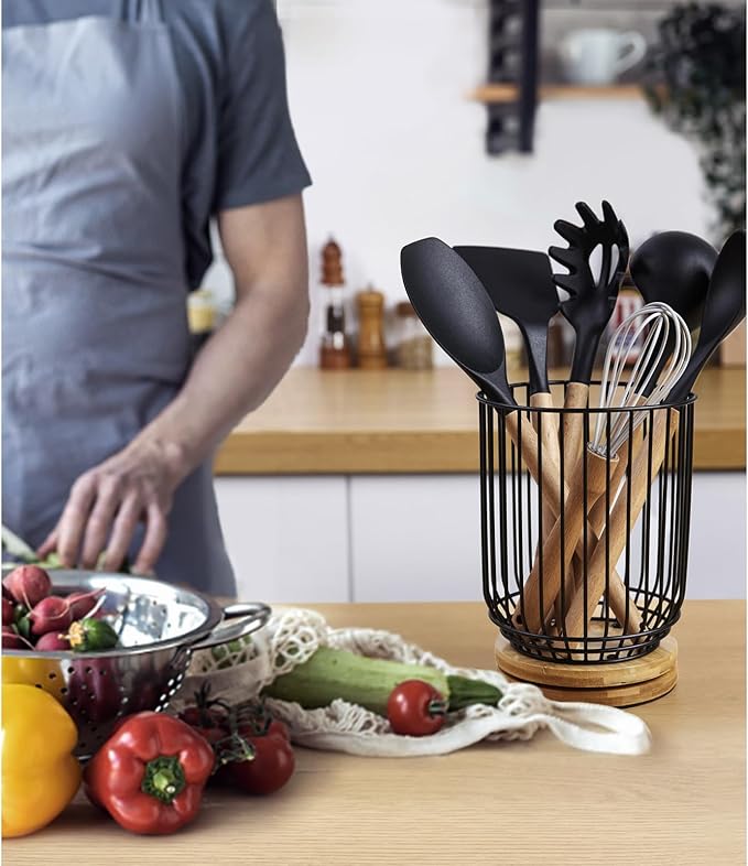 WDT Tool Utensil holder for Kitchen Counter，Large Utensils Holder For Farmhouse Cooking, Utensil Caddy Spatula Holder (Rotating+Metal+Bamboo-1) - Image 4