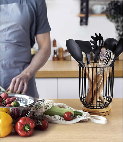 WDT Tool Utensil holder for Kitchen Counter，Large Utensils Holder For Farmhouse Cooking, Utensil Caddy Spatula Holder (Rotating+Metal+Bamboo-1) - Image 4