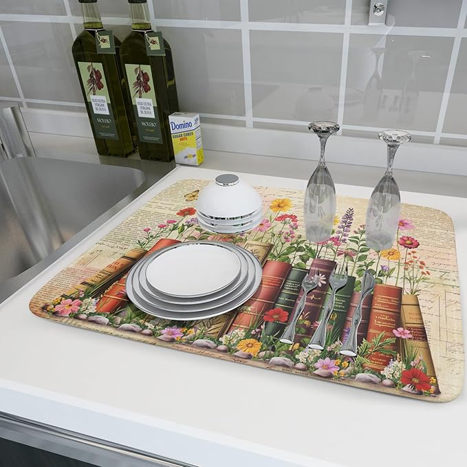 Vintage Books Dish Drying Mat - Retro Flower Kitchen Countertop Cloth Pad 18 x 24 In - Image 6