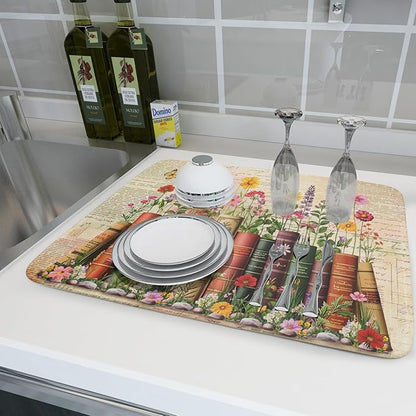 Vintage Books Dish Drying Mat - Retro Flower Kitchen Countertop Cloth Pad 18 x 24 In - Image 6