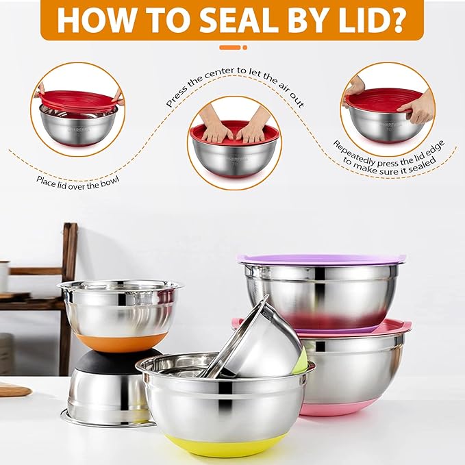 CHAREADA Mixing Bowls with Airtight Lids, 18pcs Stainless Steel Nesting Mixing Bowls Set Non-slip Silicone Bottom, Size 4.5, 3.6, 2.7, 2.1, 1.7, 1.1, 0.7 qt, Fit for Mixing & Serving(Colorful) - Image 3