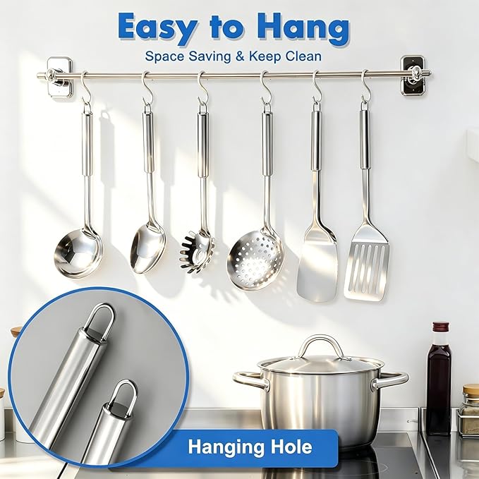 Cooking Utensils Set 11pcs - Stainless Steel Kitchen Utensils Set with Holder, Heat Resistant Kitchen Utensils Sets for Cooking with Turners, Potato Masher, Skimmer, Spoons, Ladle, Tongs, Whisk - Image 2